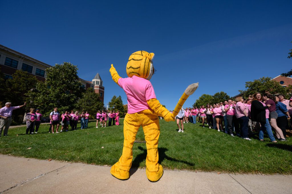 truman the tiger swings tail in front of faculty and students make pink ribbon for breast cancer on MU Campus